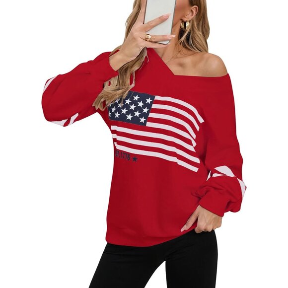 Women’s Oversized V-Neck Sweatshirt Cotton Blend Casual Patriotic Top - Picture 1 of 8